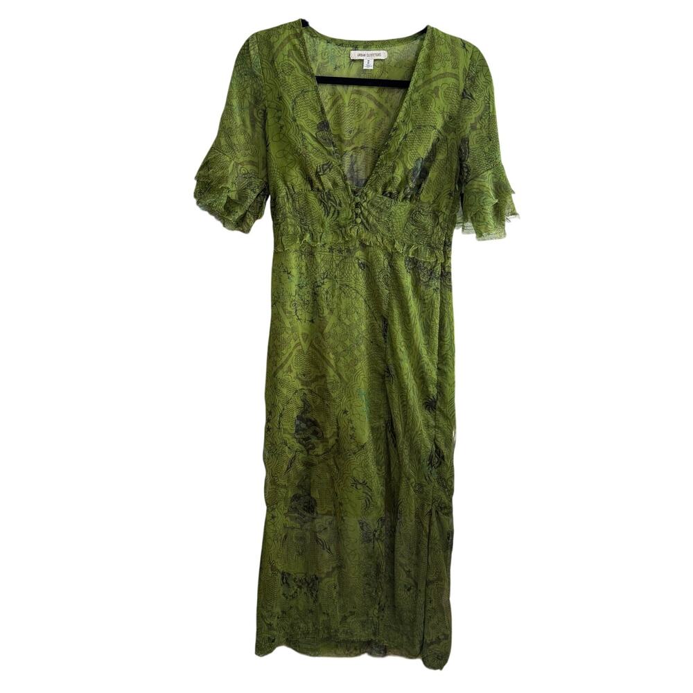 Urban Outfitters Dragon Print Sheer Maxi Dress Green Deep V Slit Women’s M - Picture 2 of 16